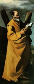 św. Andrzej z innym swoim atrybutem: księgą (Francisco de Zubaran, olej na płótnie, 1635-1640, Muzeum w Budapeszcie)