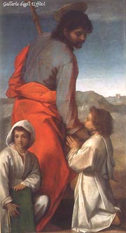Andrea del Sarto: Święty Jakub Starszy z dwójką dzieci, olej na płótnie 1528
